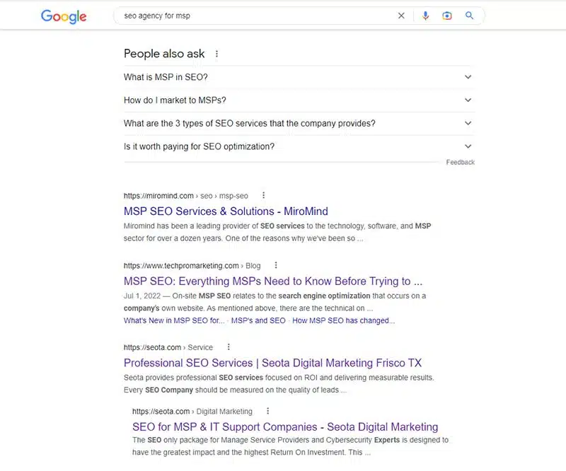 MSP SEO Agency 的实际搜索结果显示搜索相关性